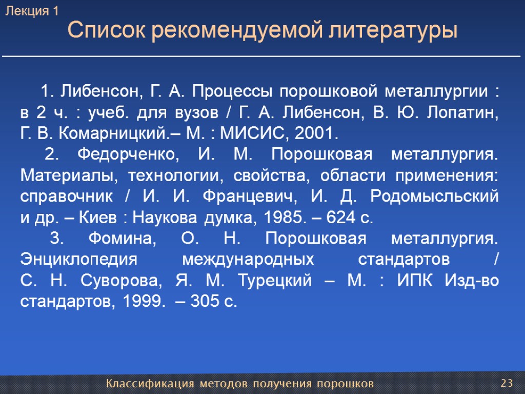 Классификация методов получения порошков 23 1. Либенсон, Г. А. Процессы порошковой металлургии : в